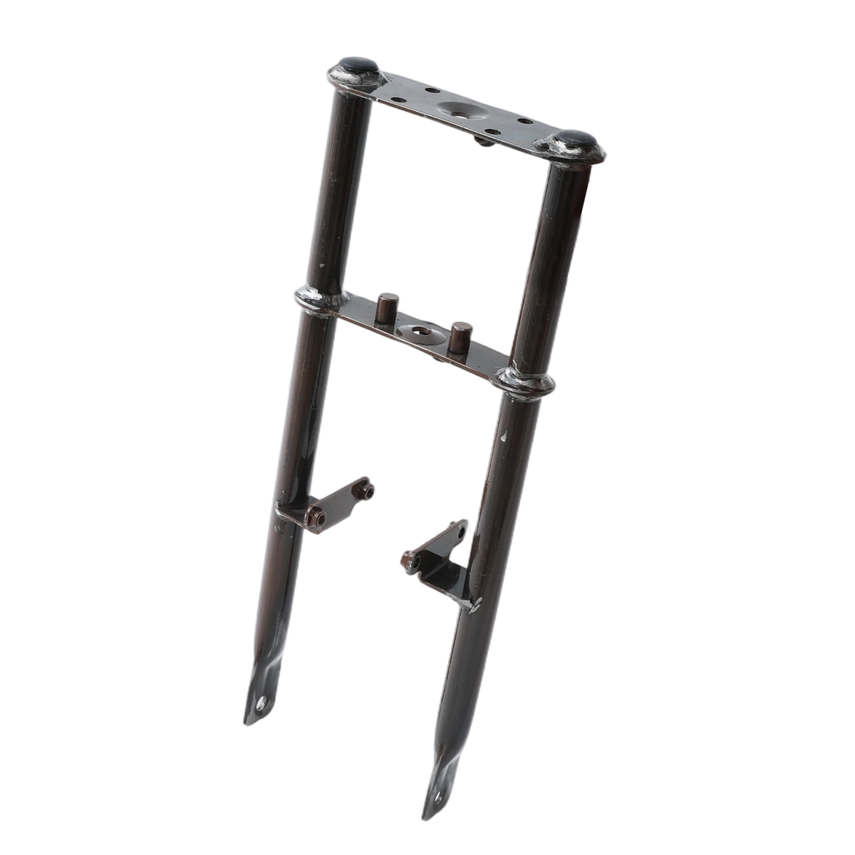 Polished metal motorcycle front fork assembly featuring two vertical tubes connected by horizontal bars, with a reflective surface and precise engineering details.