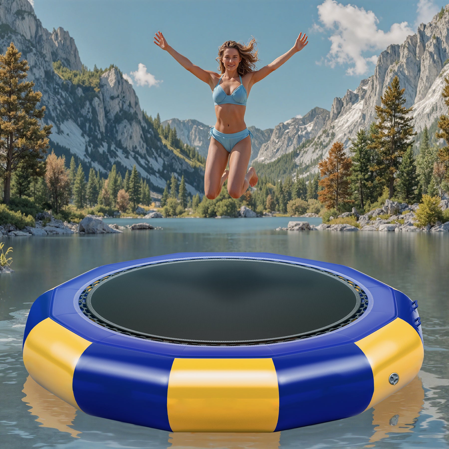 Oryxearth 10FT Inflatable Water Trampoline, Portable Bounce Swim Platform with Electric Air Pump & 4-Step Ladder, with ASTM F381-16 Certified for Pool, Lake and Water Sports, Yellow & Blue