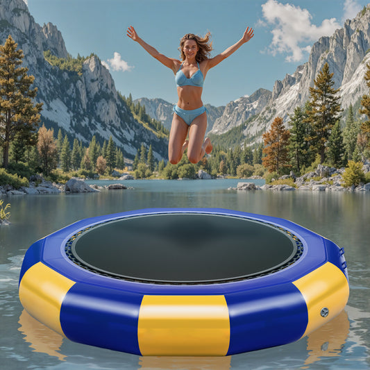 Oryxearth 10FT Inflatable Water Trampoline, Portable Bounce Swim Platform with Electric Air Pump & 4-Step Ladder, with ASTM F381-16 Certified for Pool, Lake and Water Sports, Yellow & Blue