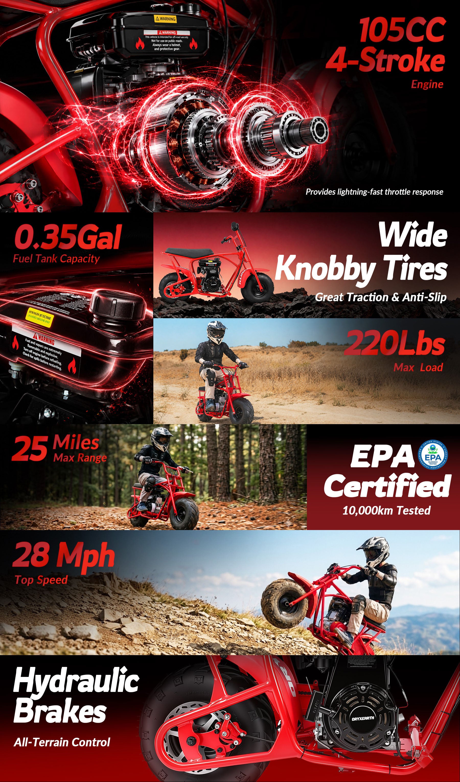 Oryxearth BRM100P-1 105CC Off-Road Gas Mini Bike for Adults & Teens, R