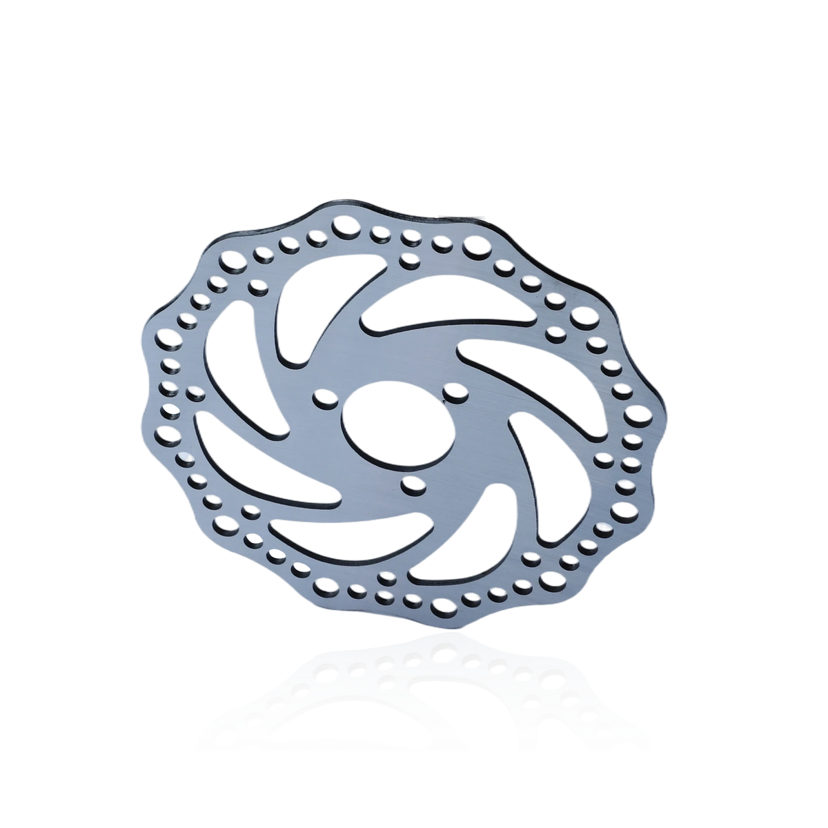 A silver-colored bicycle disc brake rotor featuring a wave-like pattern with multiple holes around the edge and a central hub. The rotor has a reflective surface against a black background.