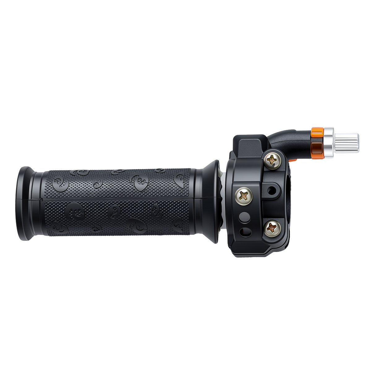 A black bicycle grip with textured patterns and a sleek design, featuring metallic screws and an orange accent near the end cap.
