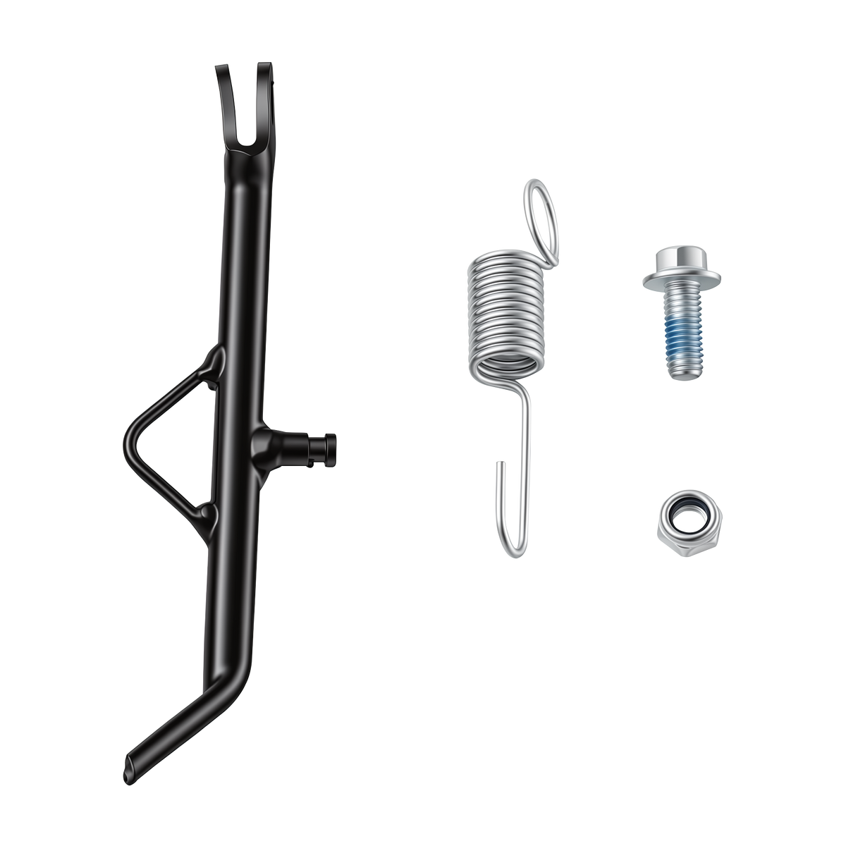 A black metal object resembling a part of a bicycle frame is displayed alongside a coiled spring, a bolt with a blue seal, and a nut. The items are arranged against a stark black background, highlighting their metallic textures and colors.