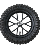 A black tire mounted on a black wheel with multiple spokes, featuring a silver hub cap with a logo in the center. The tire has deep treads suitable for rugged terrain.