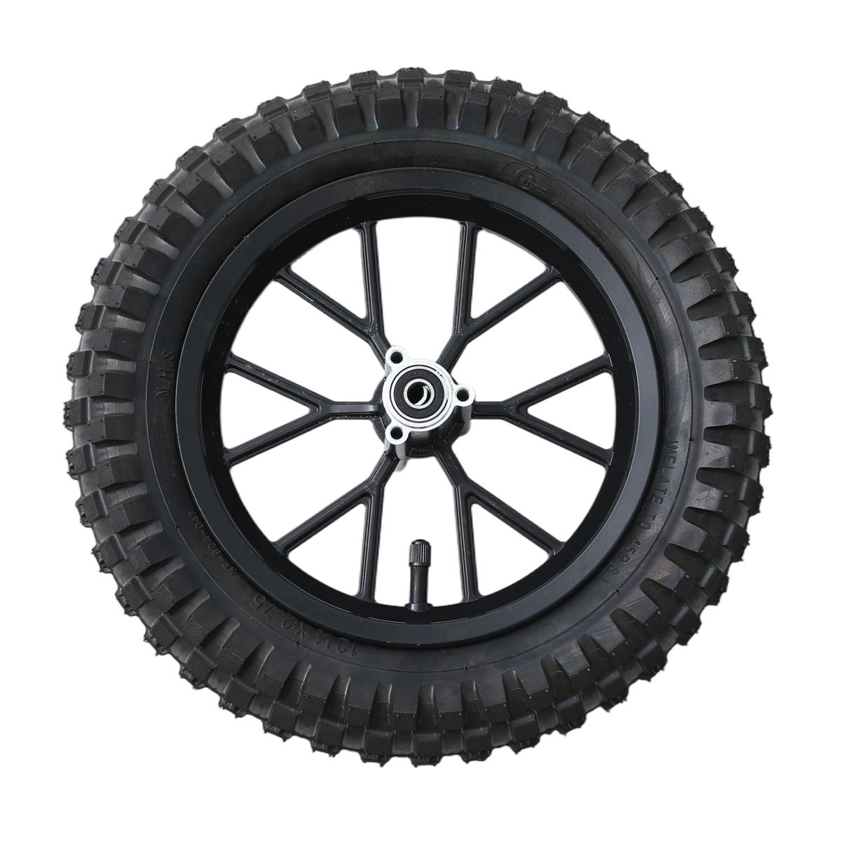 A black tire mounted on a black wheel with multiple spokes, featuring a silver hub cap with a logo in the center. The tire has deep treads suitable for rugged terrain.