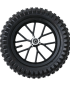 A black rubber tire mounted on a black plastic wheel rim with multiple spokes and a silver metal hub. The tire has deep treads and is marked with size information.