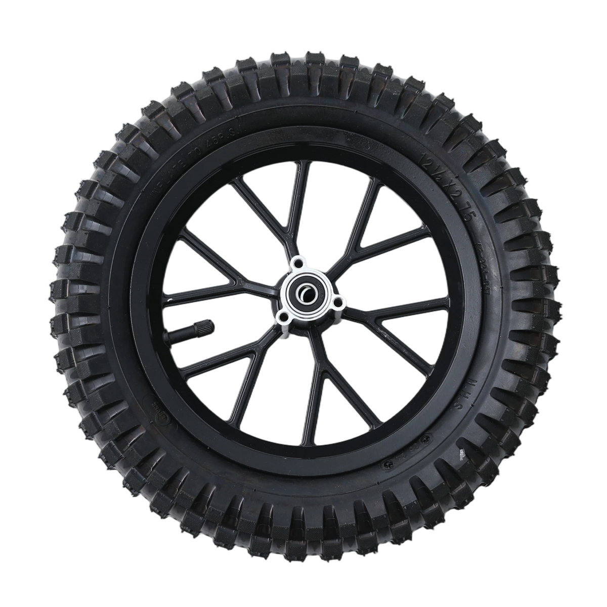 A black rubber tire mounted on a black plastic wheel rim with multiple spokes and a silver metal hub. The tire has deep treads and is marked with size information.