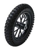 A close-up view of a rugged black tire mounted on a sleek silver alloy wheel, featuring intricate tread patterns and a sturdy metal hubcap. The wheel's design suggests durability and off-road capability.