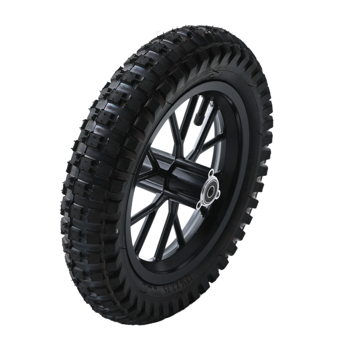A close-up view of a rugged black tire mounted on a sleek silver alloy wheel, featuring intricate tread patterns and a sturdy metal hubcap. The wheel's design suggests durability and off-road capability.