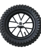 A black tire with rugged tread pattern mounted on a black wheel featuring multiple spokes and a silver hub cap. The tire has embossed lettering along the sidewall.