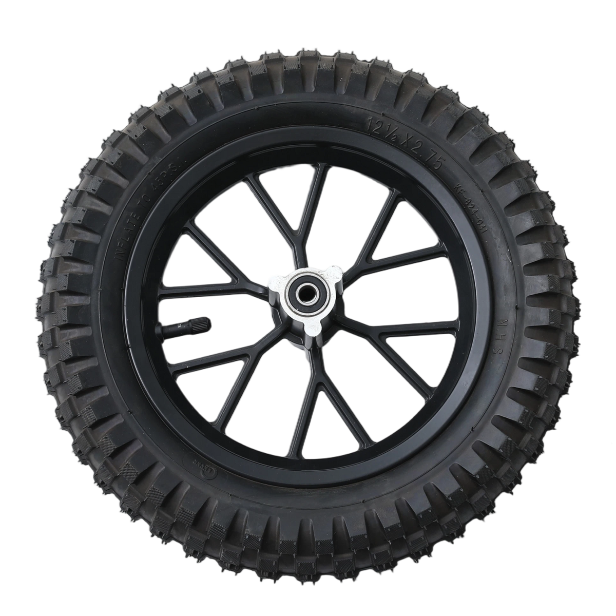 A black tire with deep treads mounted on a black wheel featuring a silver hubcap and multiple spokes. The tire has visible markings indicating size and specifications.
