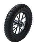 A close-up view of a rugged tire mounted on a black alloy wheel with intricate spokes, set against a stark black background. The tire features deep treads designed for off-road traction, while the wheel's sleek design suggests durability and modernity.