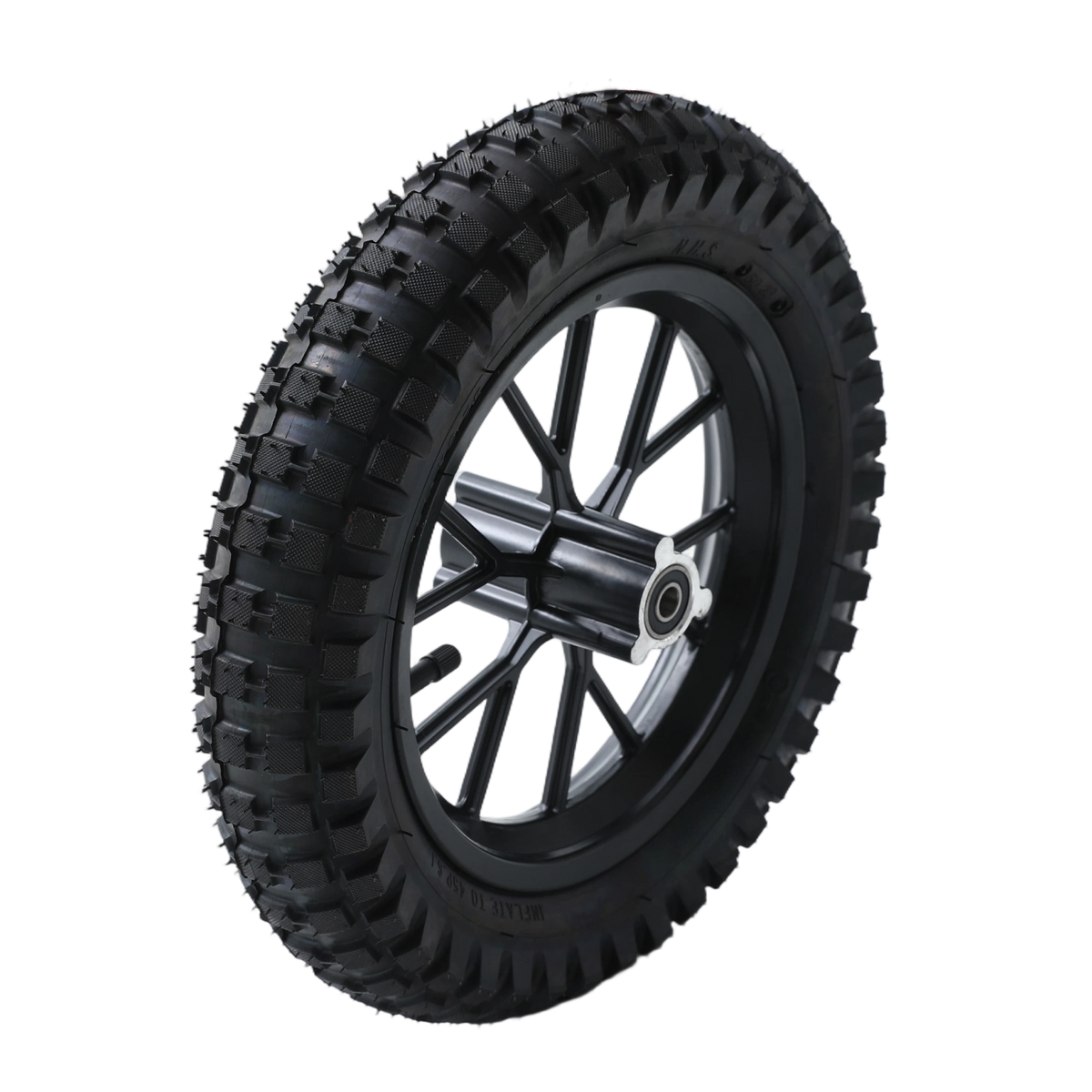 A close-up view of a rugged tire mounted on a black alloy wheel with intricate spokes, set against a stark black background. The tire features deep treads designed for off-road traction, while the wheel's sleek design suggests durability and modernity.