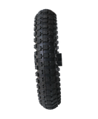 A black tire with deep treads designed for off-road use, featuring a rugged tread pattern suitable for muddy or uneven terrain. The tire appears new and unused, showcasing its durable construction and high-quality rubber material.