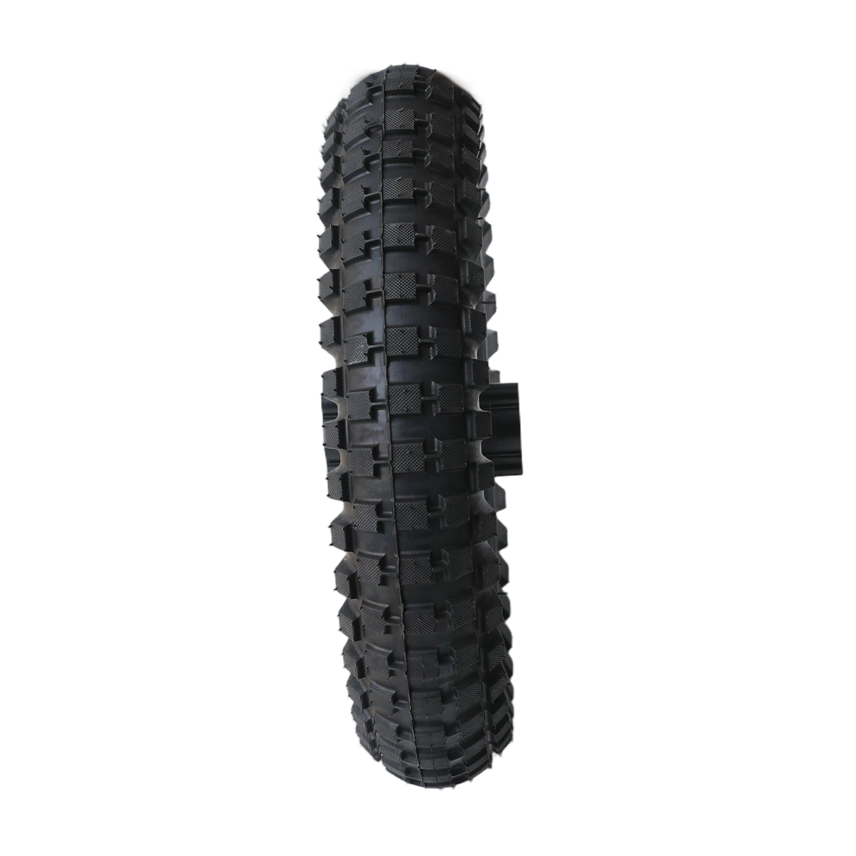 A black tire with deep treads designed for off-road use, featuring a rugged tread pattern suitable for muddy or uneven terrain. The tire appears new and unused, showcasing its durable construction and high-quality rubber material.
