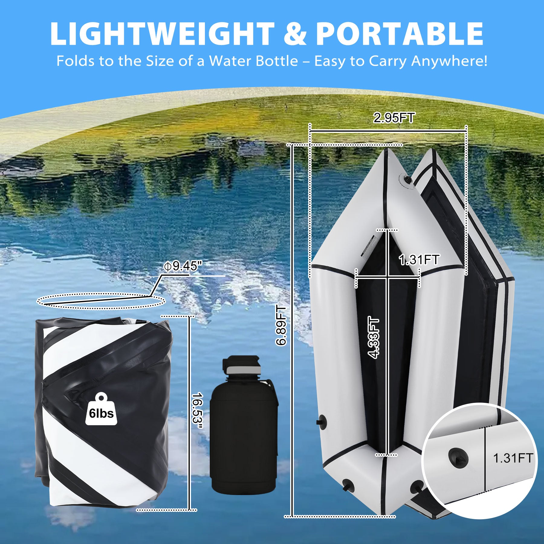 Oryxearth Inflatable Packraft Kayak for Adults, 6.9FT Lightweight TPU Canoe (210D), Portable 1-Person Watercraft for Kayaking, Fishing, Camping, Compact Design