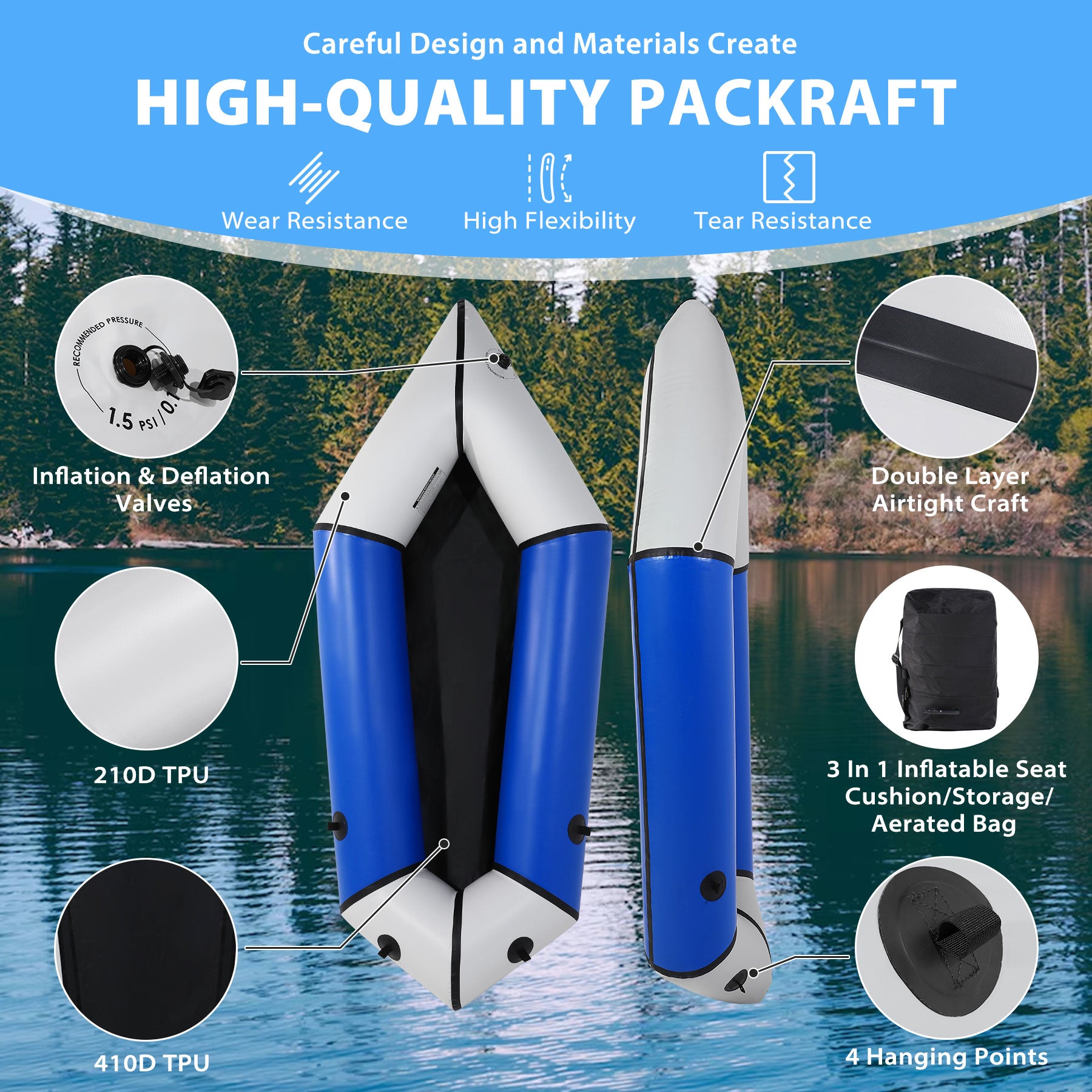 Oryxearth Inflatable Packraft Kayak for Adults, 6.9FT Lightweight TPU Canoe (210D), Portable 1-Person Watercraft for Kayaking, Fishing, Camping, Compact Design