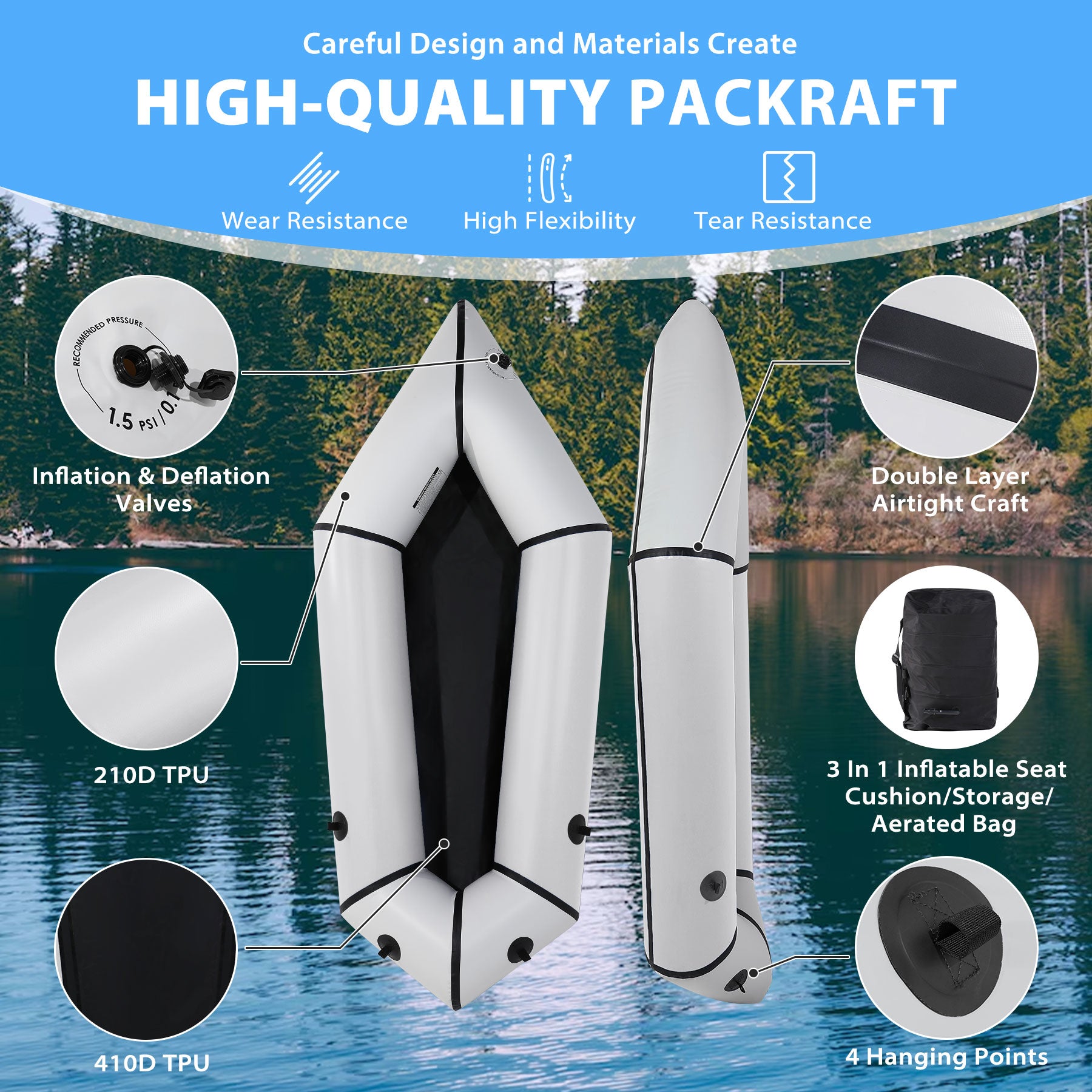 Oryxearth Inflatable Packraft Kayak for Adults, 6.9FT Lightweight TPU Canoe (210D), Portable 1-Person Watercraft for Kayaking, Fishing, Camping, Compact Design