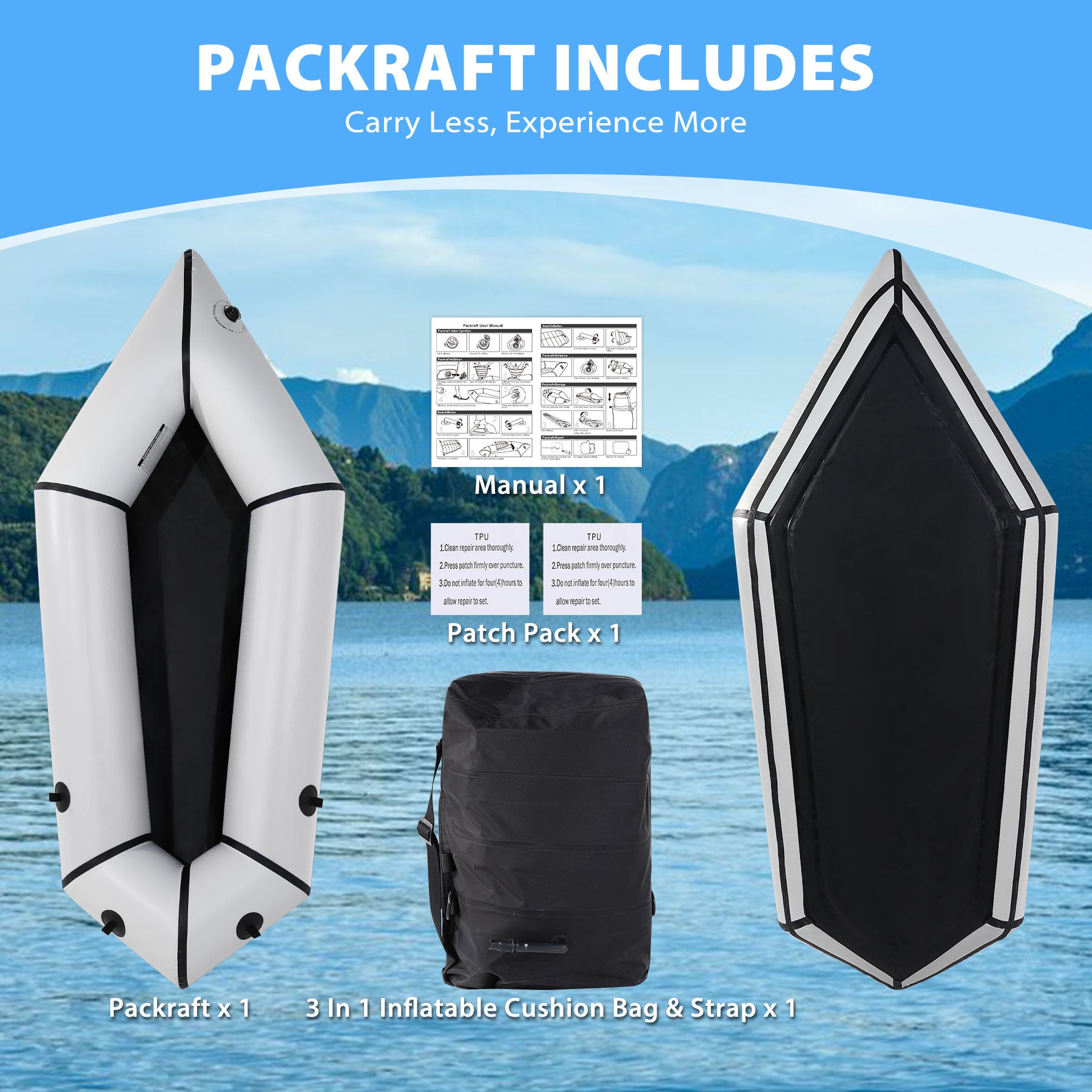 Oryxearth Inflatable Packraft Kayak for Adults, 6.9FT Lightweight TPU Canoe (210D), Portable 1-Person Watercraft for Kayaking, Fishing, Camping, Compact Design