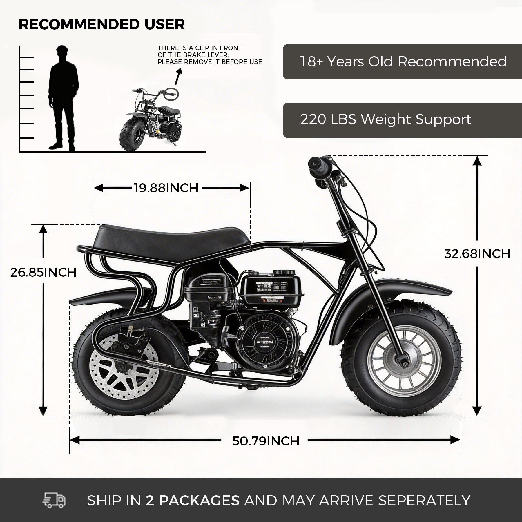 【WMT】Oryxearth 4-Stroke Minibike, 196CC Gas Powered Dirt Bike,Off-Road Trail for Adult, up to 30 Mph, Black