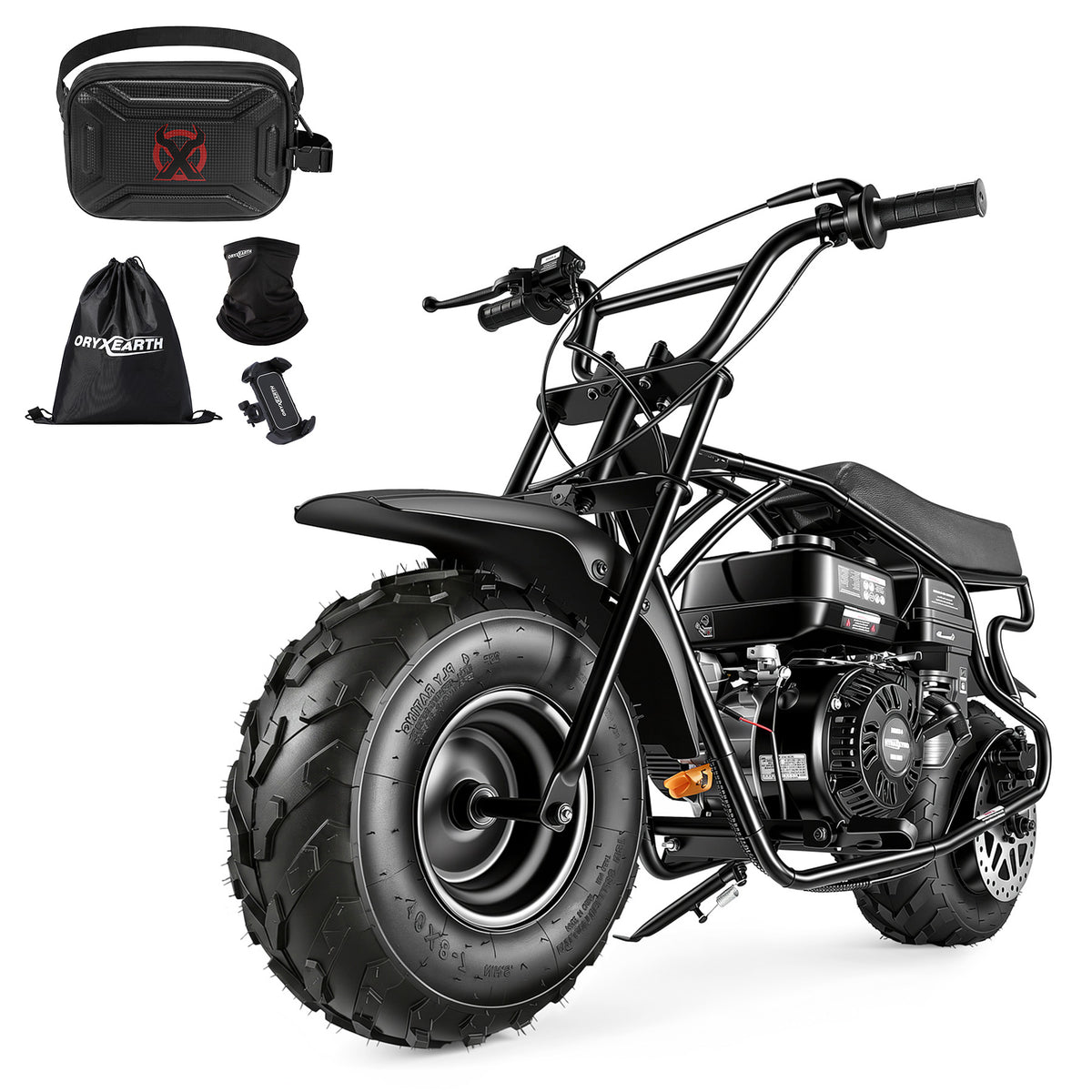 A black mini bike with large tires and a visible engine, accompanied by accessories such as a black bag, gloves, and a phone holder.