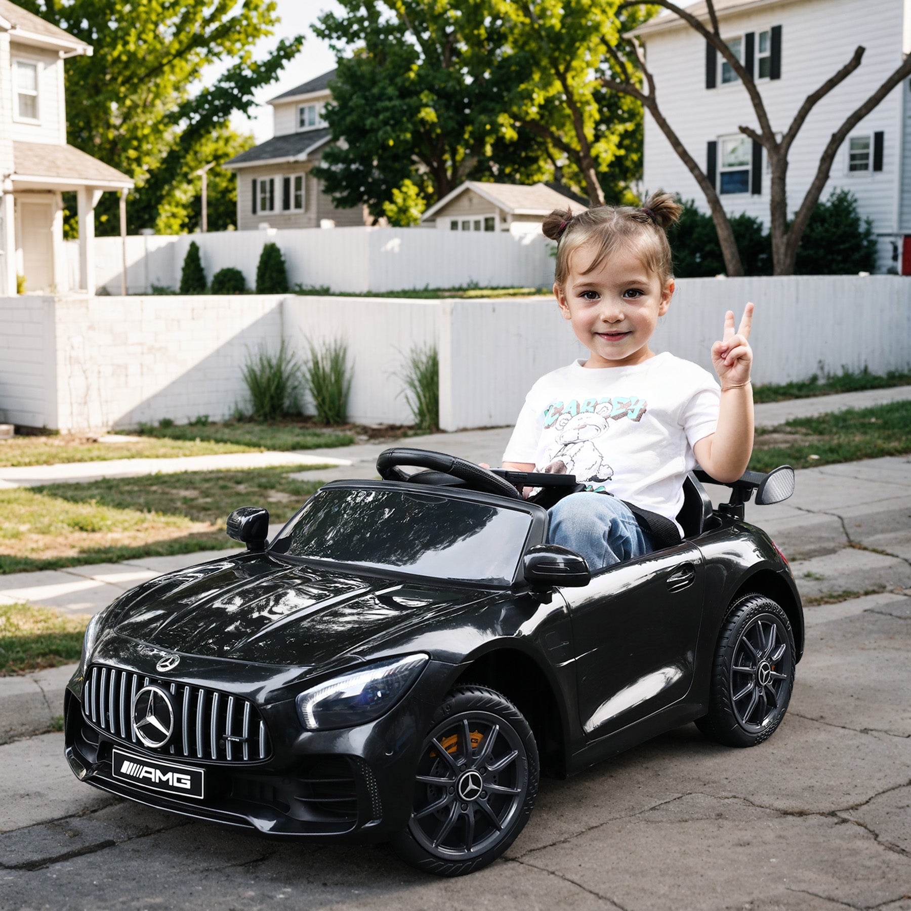 Mercedes-Benz Kinder-Elektroauto, Fernbedienung, Geschwindigkeit 2,5–4,5 km/h, LED-Licht, Musik, mit Sicherheitsgurt
