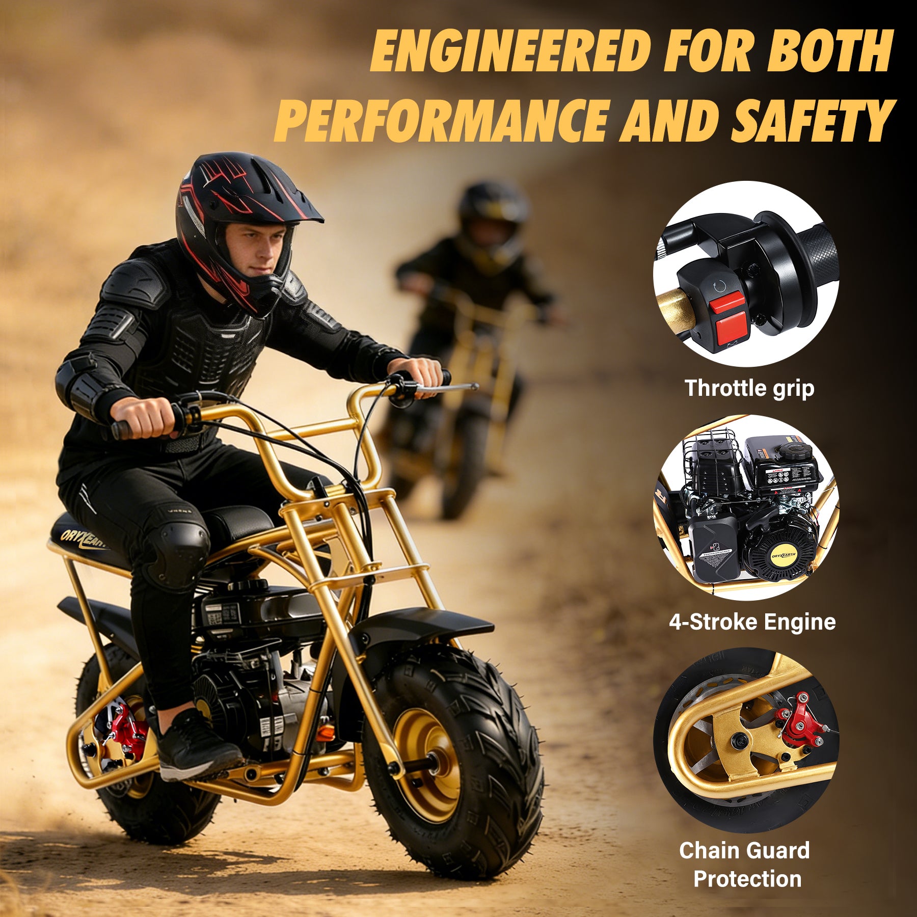 【WMT】Oryxearth OMG99 Mini Gas Bike 99CC Adult Gas Powered Dirt Bike, 28 Mph Off Road Bike for Teens, Gold