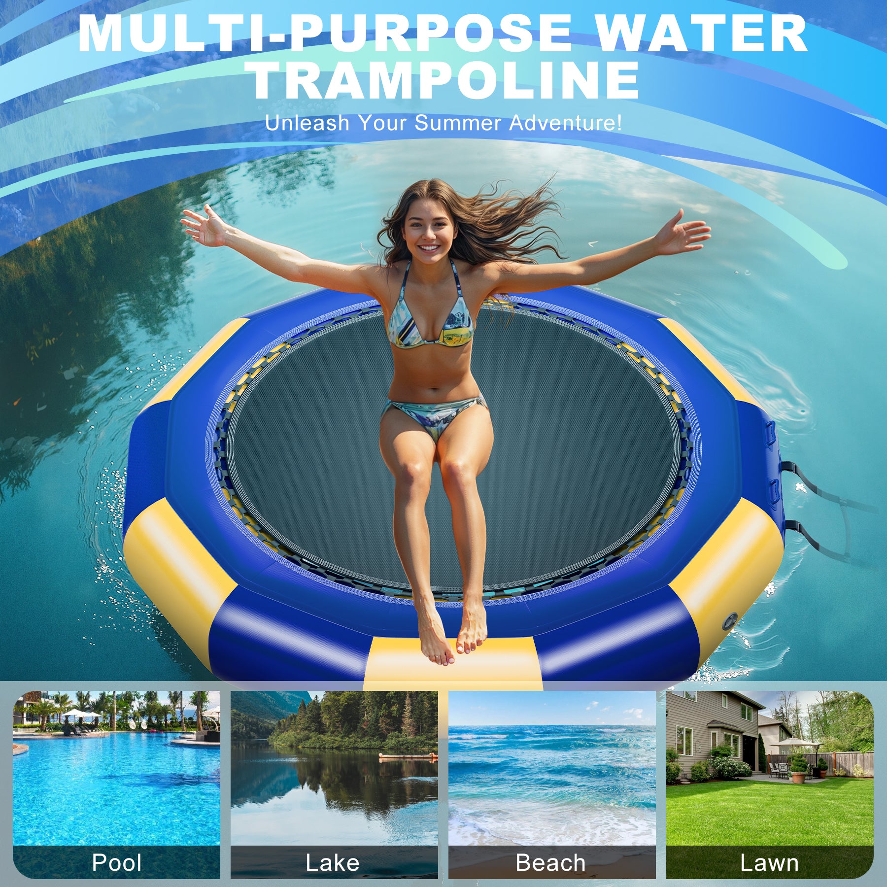 Oryxearth 10FT Inflatable Water Trampoline, Portable Bounce Swim Platform with Electric Air Pump & 4-Step Ladder, with ASTM F381-16 Certified for Pool, Lake and Water Sports, Yellow & Blue
