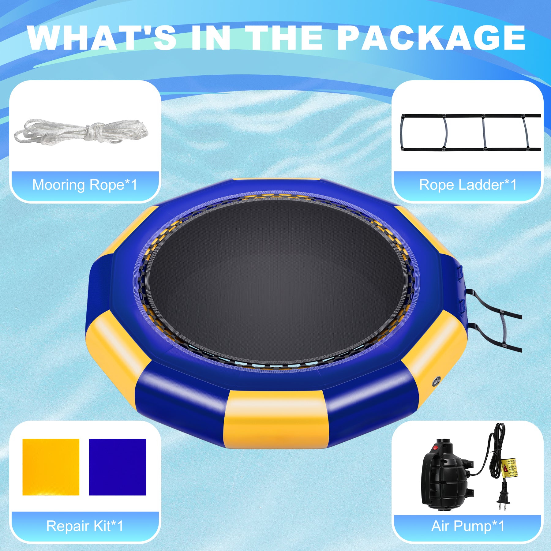 Oryxearth 10FT Inflatable Water Trampoline, Portable Bounce Swim Platform with Electric Air Pump & 4-Step Ladder, with ASTM F381-16 Certified for Pool, Lake and Water Sports, Yellow & Blue