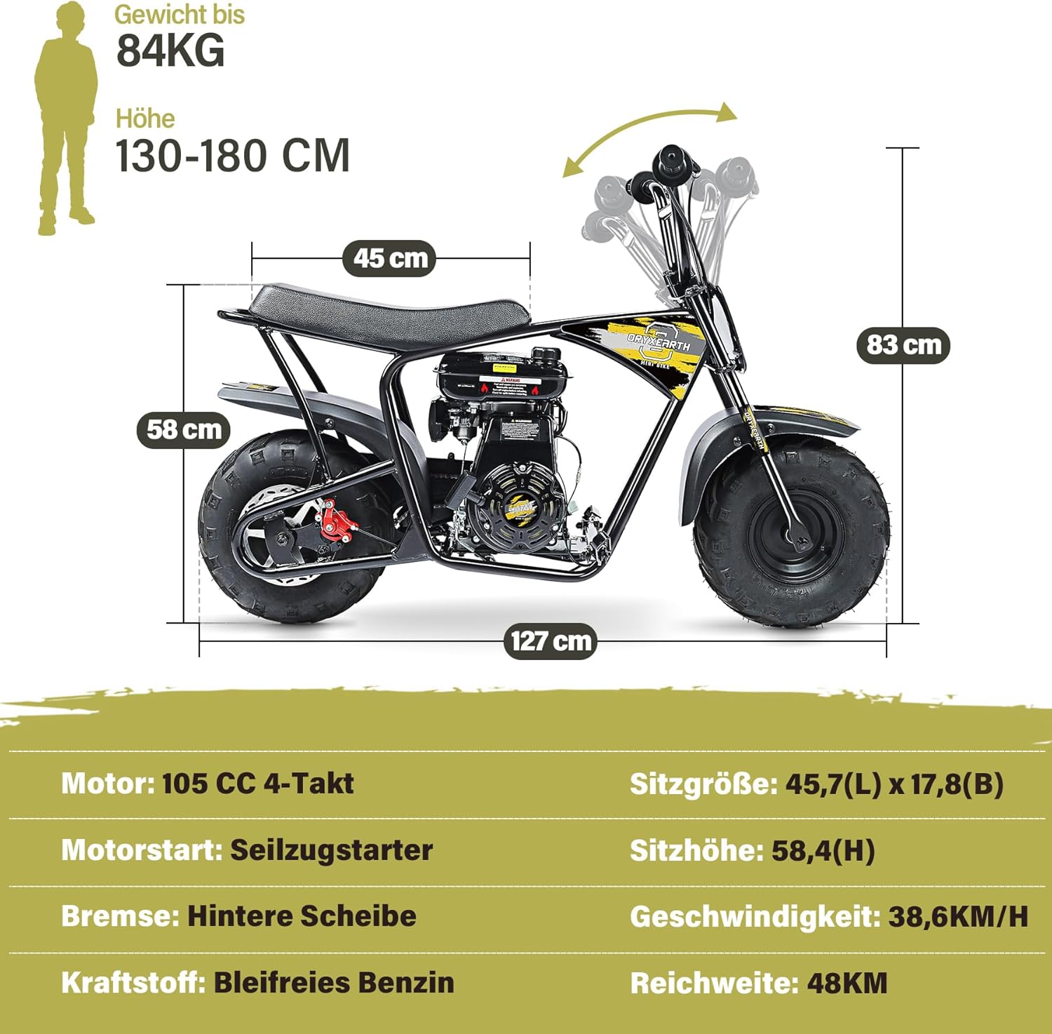 OFFROAD-DIRT-BIKE FÜR KINDER 105CC, 4-Takt-Benzin, Automatikgetriebe, für Kinder ab 13 Jahren, Bürstenmuster