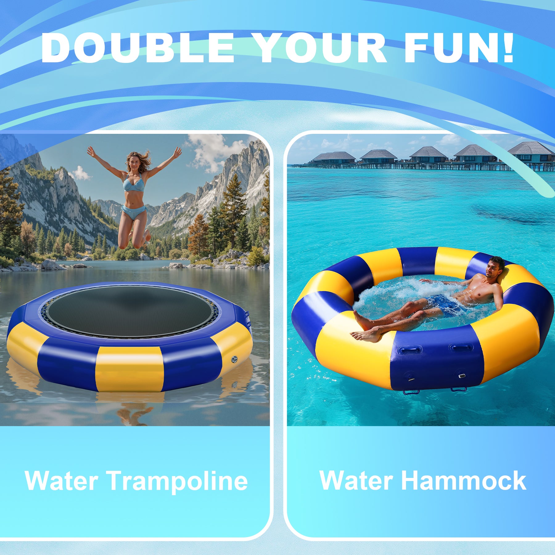 Oryxearth 10FT Inflatable Water Trampoline, Portable Bounce Swim Platform with Electric Air Pump & 4-Step Ladder, with ASTM F381-16 Certified for Pool, Lake and Water Sports, Yellow & Blue