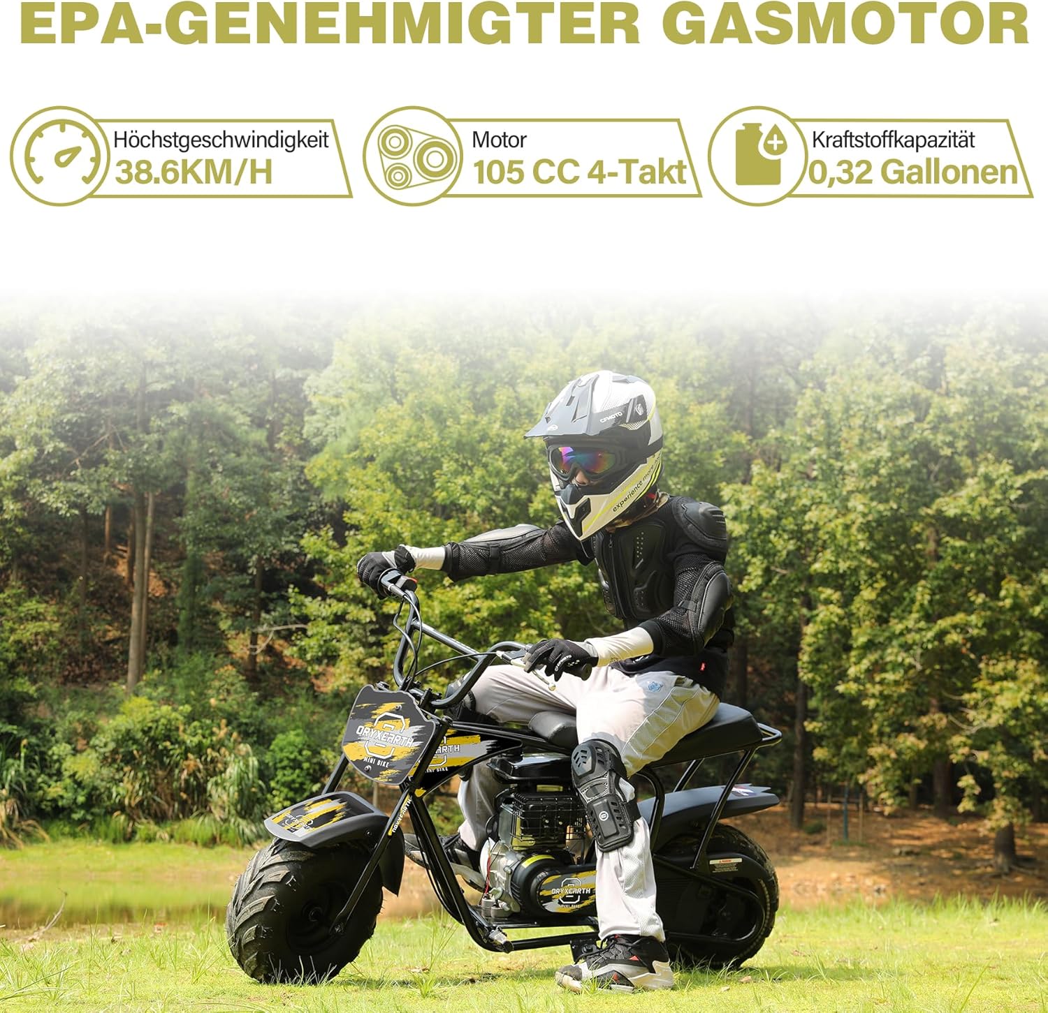 OFFROAD-DIRT-BIKE FÜR KINDER 105CC, 4-Takt-Benzin, Automatikgetriebe, für Kinder ab 13 Jahren, Bürstenmuster