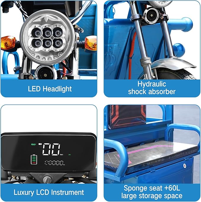 【WMT】Oryxearth 1000W 60V 3-Wheel Electric Vehicle, Up to 21 Mph Electric Minibike, Weight Support Up to 440LBS