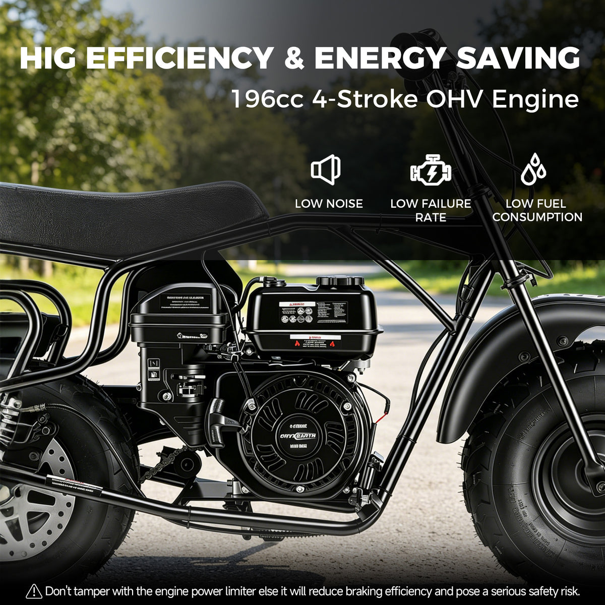 A close-up view of a black motorcycle engine showcasing a 196cc 4-Stroke OHV Engine. The engine features a prominent exhaust pipe, fuel tank, and various mechanical components. The background includes a blurred outdoor setting with greenery.