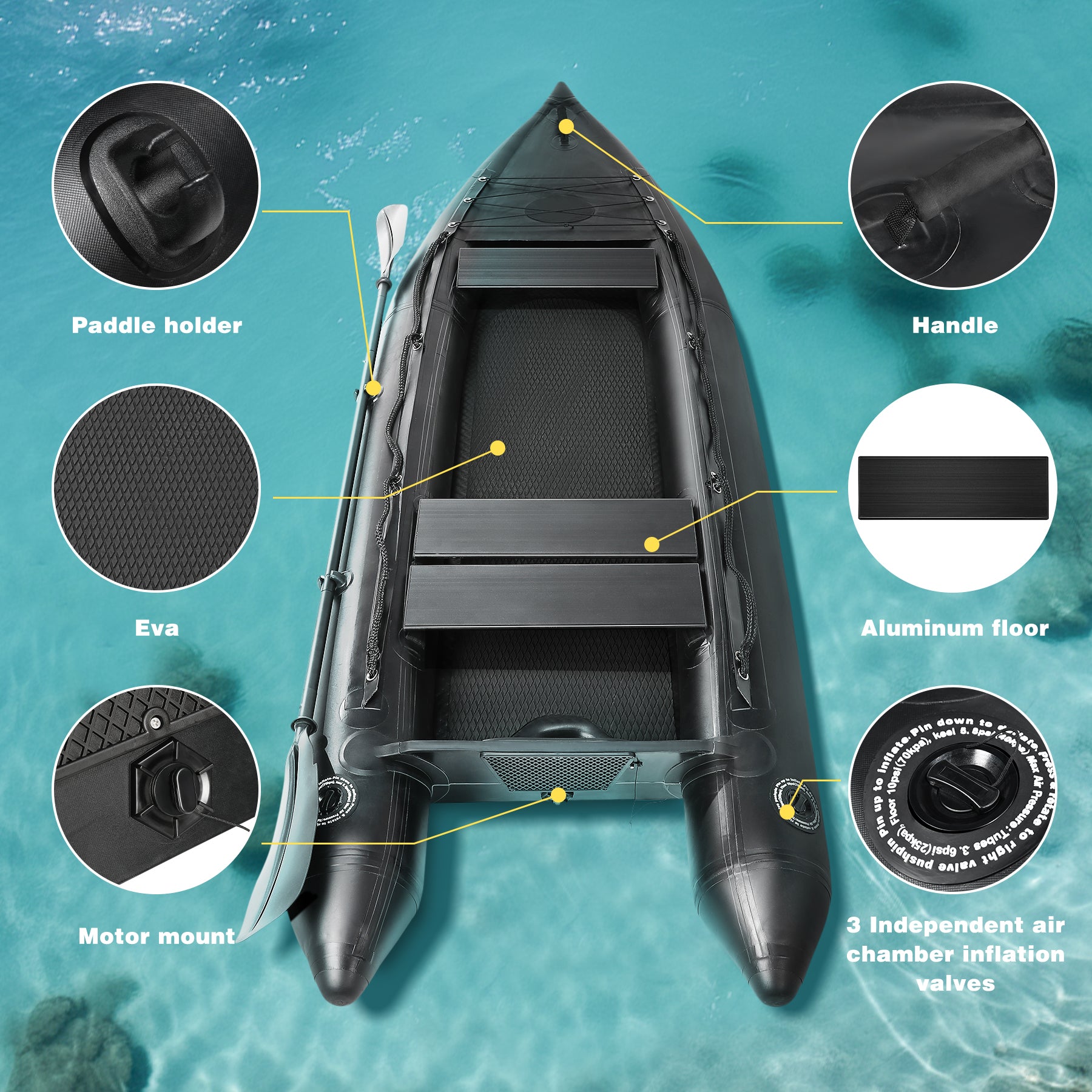 Professional 10.8ft Inflatable Fishing Boat for Adults - Heavy Duty Pontoon Skiff with Aluminum Seat, Includes Pump, Oars & Stabilizer Fin