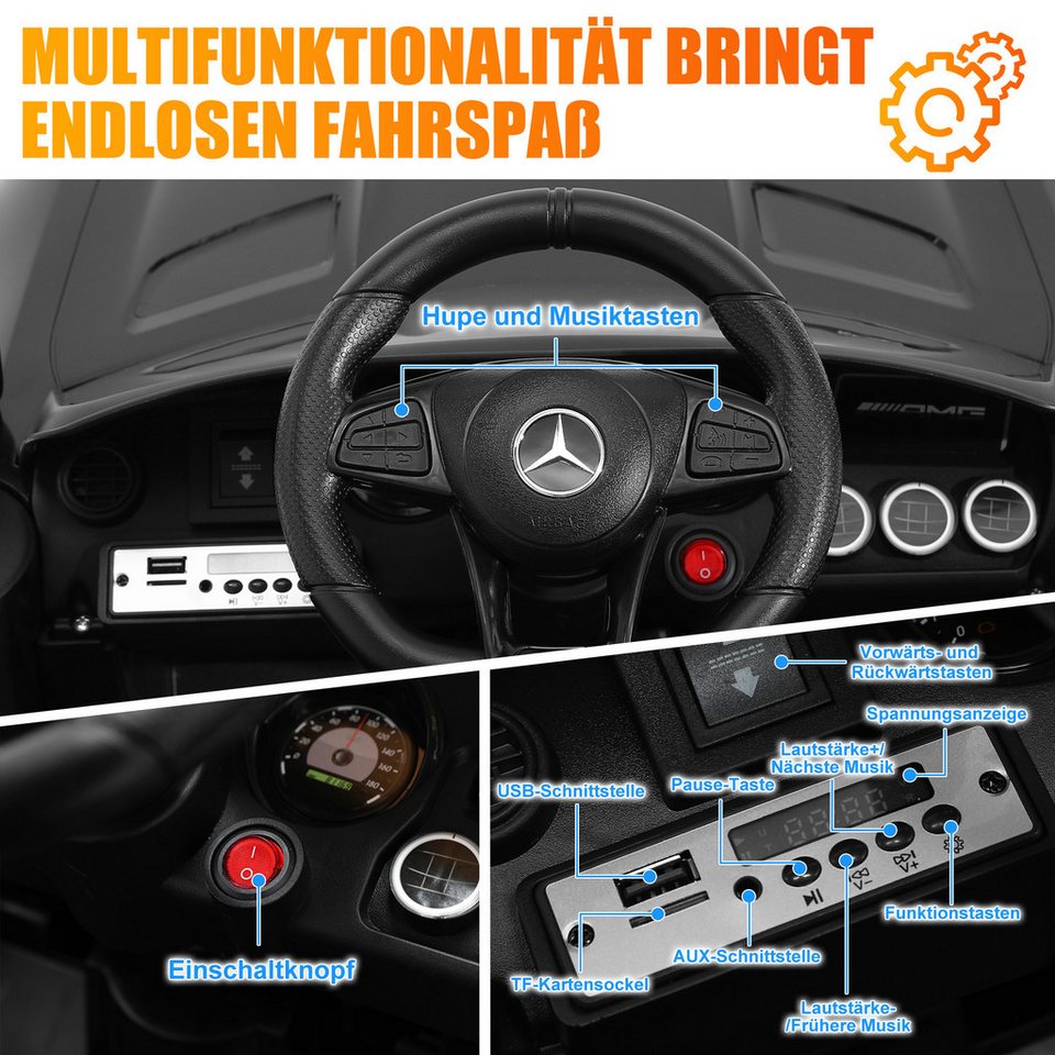 Mercedes-Benz Kinder-Elektroauto, Fernbedienung, Geschwindigkeit 2,5–4,5 km/h, LED-Licht, Musik, mit Sicherheitsgurt