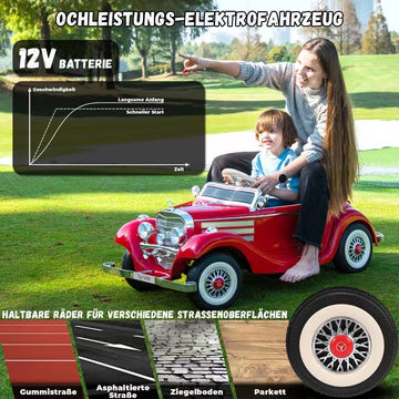 ORYXEARTH Retro-Elektroauto für Kinder – 12-V-Batterie – Geschwindigkeit 3-6 km/h