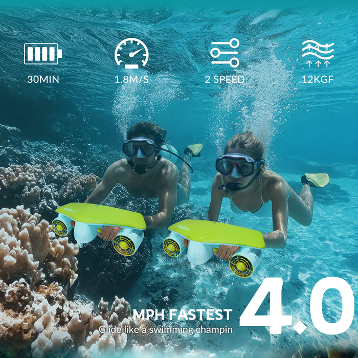 Two individuals underwater using green and yellow underwater propulsion devices, surrounded by coral formations. The devices feature multiple propellers and have icons indicating a battery life of 30 minutes, speed of 1.8 m/s, two-speed settings, and a thrust force of 12 kgf.