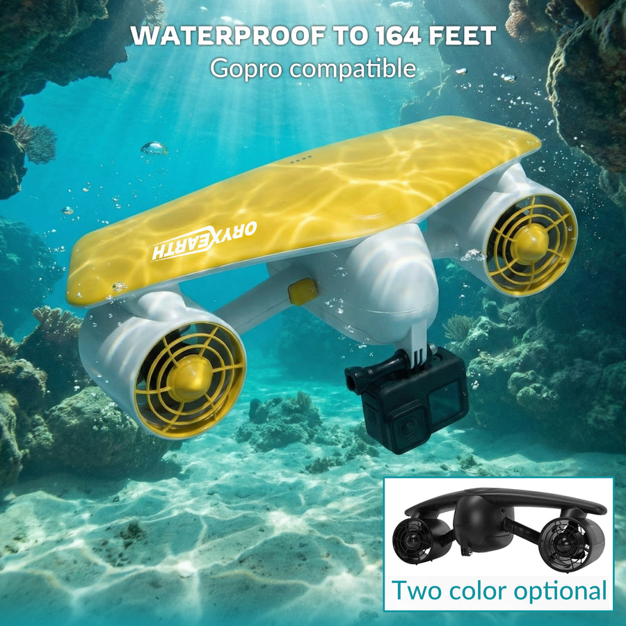 The image showcases an underwater drone with a yellow top and white body, equipped with two propellers and a camera attachment. It is designed to be waterproof up to 164 feet and compatible with GoPro devices. The background features a vibrant underwater scene with coral formations and marine life.