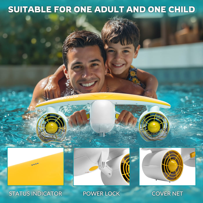 A yellow and white floating device designed for one adult and one child, featuring two large fans at the front for propulsion. The device includes a status indicator, power lock, and cover net.