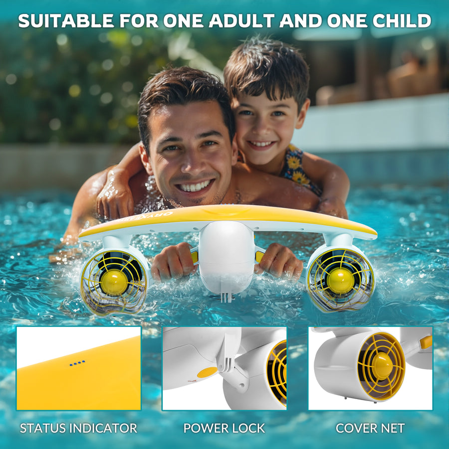 A yellow and white floating device designed for one adult and one child, featuring two large fans at the front for propulsion. The device includes a status indicator, power lock, and cover net.