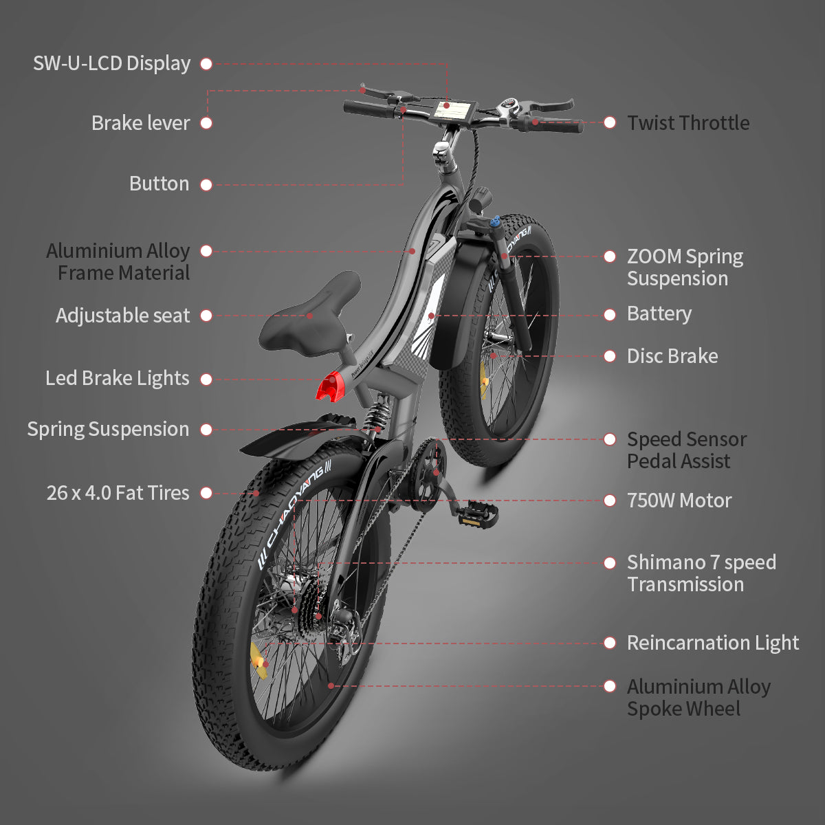 S18 26" 750W Elektrofahrrad Fat Tire 48V 15AH abnehmbarer Lithium-Akku für Erwachsene