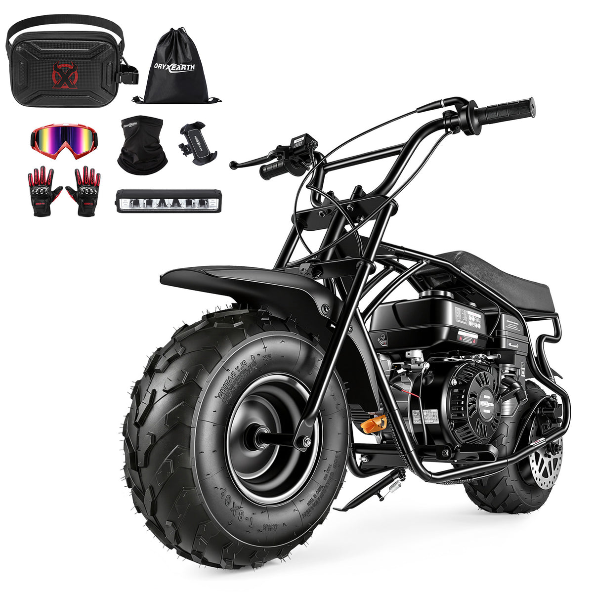 A black mini bike with large tires and a powerful engine is displayed alongside various accessories including a protective helmet, goggles, gloves, a tool kit, and a light bar. The items are neatly arranged against a clean white background.