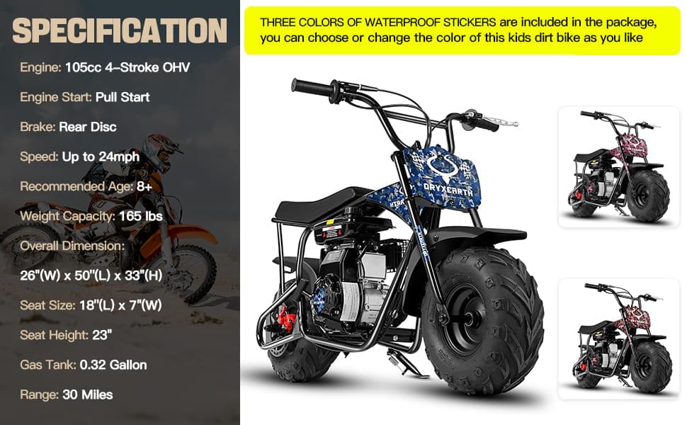 Oryxearth 105CC 4-Stroke Off-Road Mini Bike for Kids