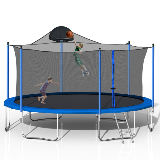 バスケットボールフープ付きの大人と子供用14フィートのトランポリン、はしごと安全囲いネット付きの子供と大人用の屋外トランポリン