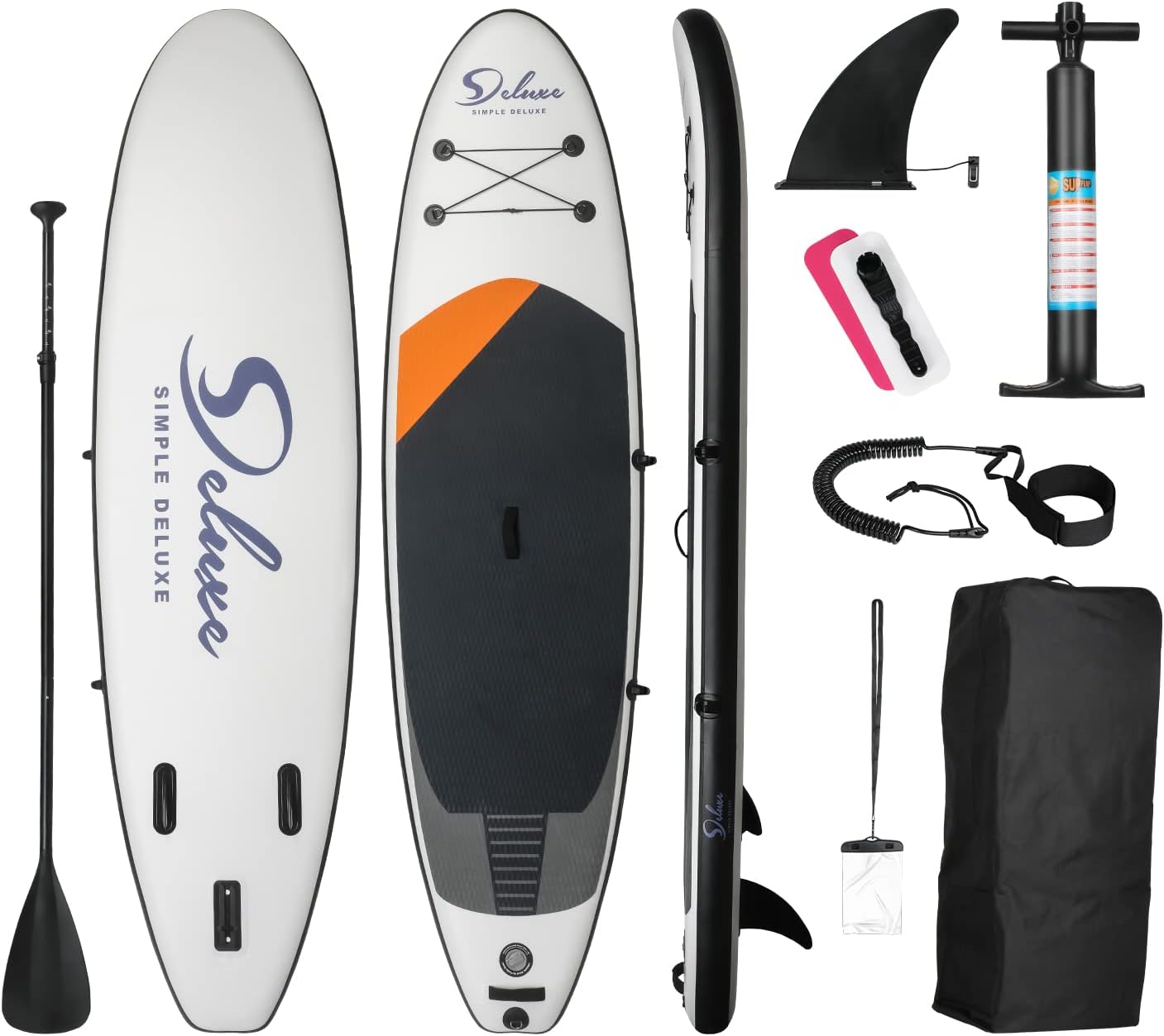 Aufblasbares Stand-Up-Paddle-Board – einfaches Deluxe-Premium-SUP für alle Fähigkeitsstufen, Paddle-Boards für Jugendliche und Erwachsene, aufblasbare Stand-Up-Paddleboards mit Zubehör und Rucksack, Surfkontrolle, Schwarz