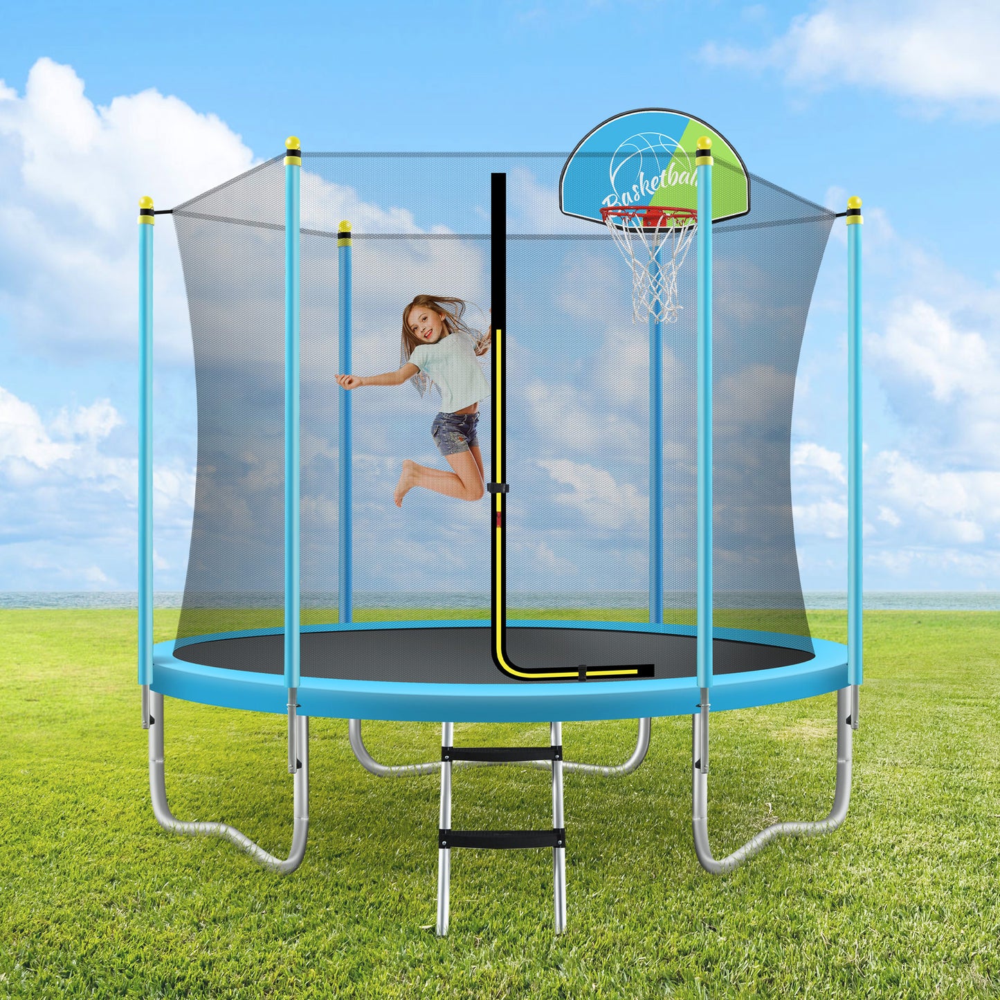 8-Fuß-Trampolin für Kinder mit Sicherheitsnetz, Basketballkorb und Leiter, einfach aufzubauendes rundes Freizeittrampolin für den Außenbereich