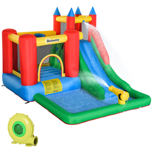 6-in-1 Kids Bounce House Inflatable Water Slide with Pool, Water Cannon, Climbing Wall, Inflator Included, Jumping Castle Kids Backyard Activity Outdoor Water Play Toy