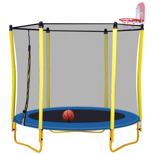 子供用5.5フィートトランポリン - 65インチ屋外&amp;屋内ミニ幼児用トランポリン、筐体付き、バスケットボールフープとボール付属